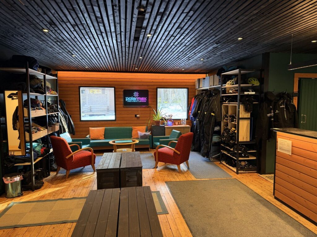The gear room at the PolarMax base in Sinettä